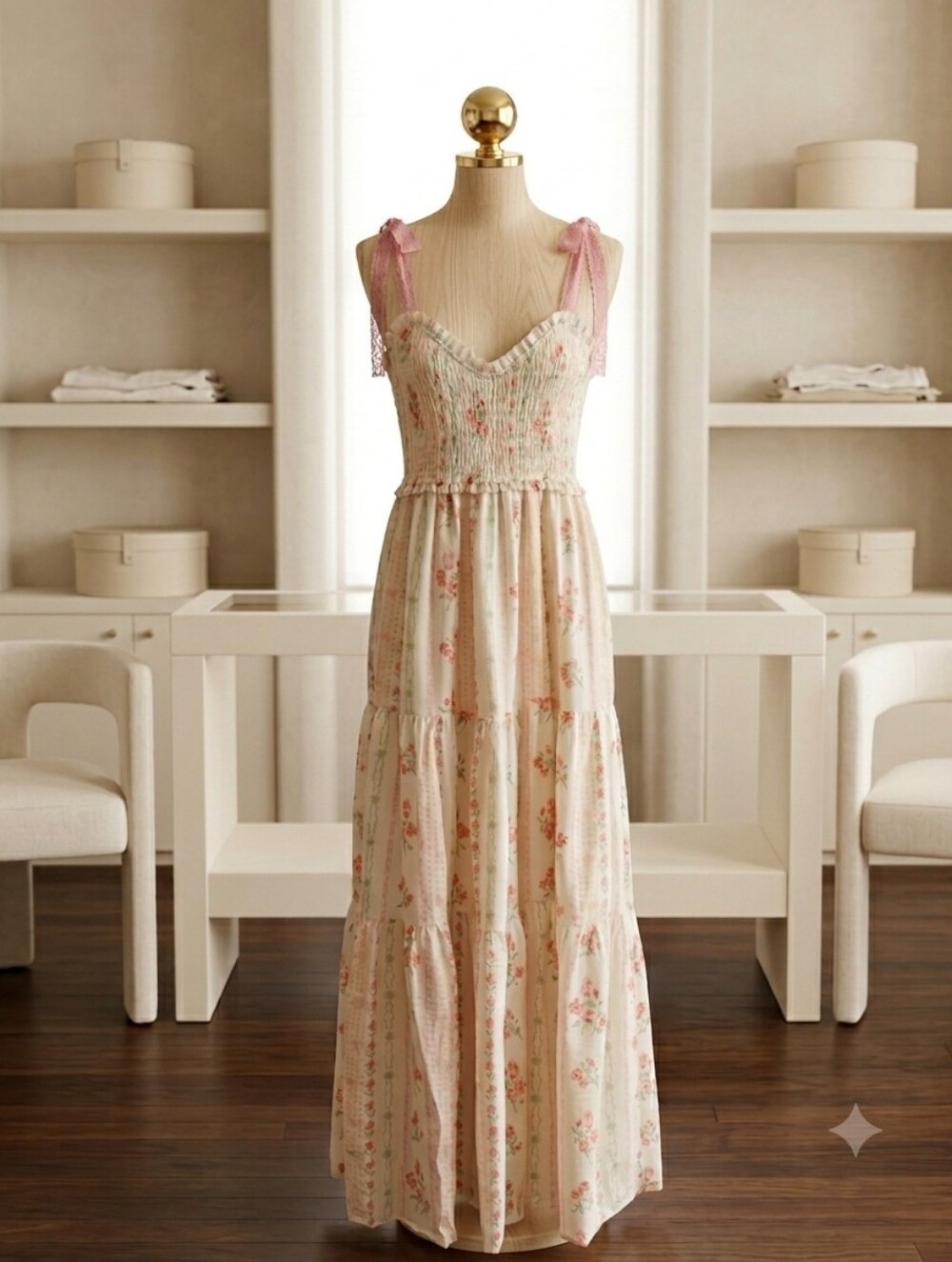 J.NNA Med  Rose Stripe Smocked Maxi Dress Cottagecore Romantic